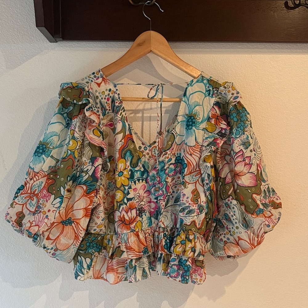 Love The Label | Anthropology| Regan Floral Peplum Blouse, Puff Sleeve, Size M - Picture 5 of 13